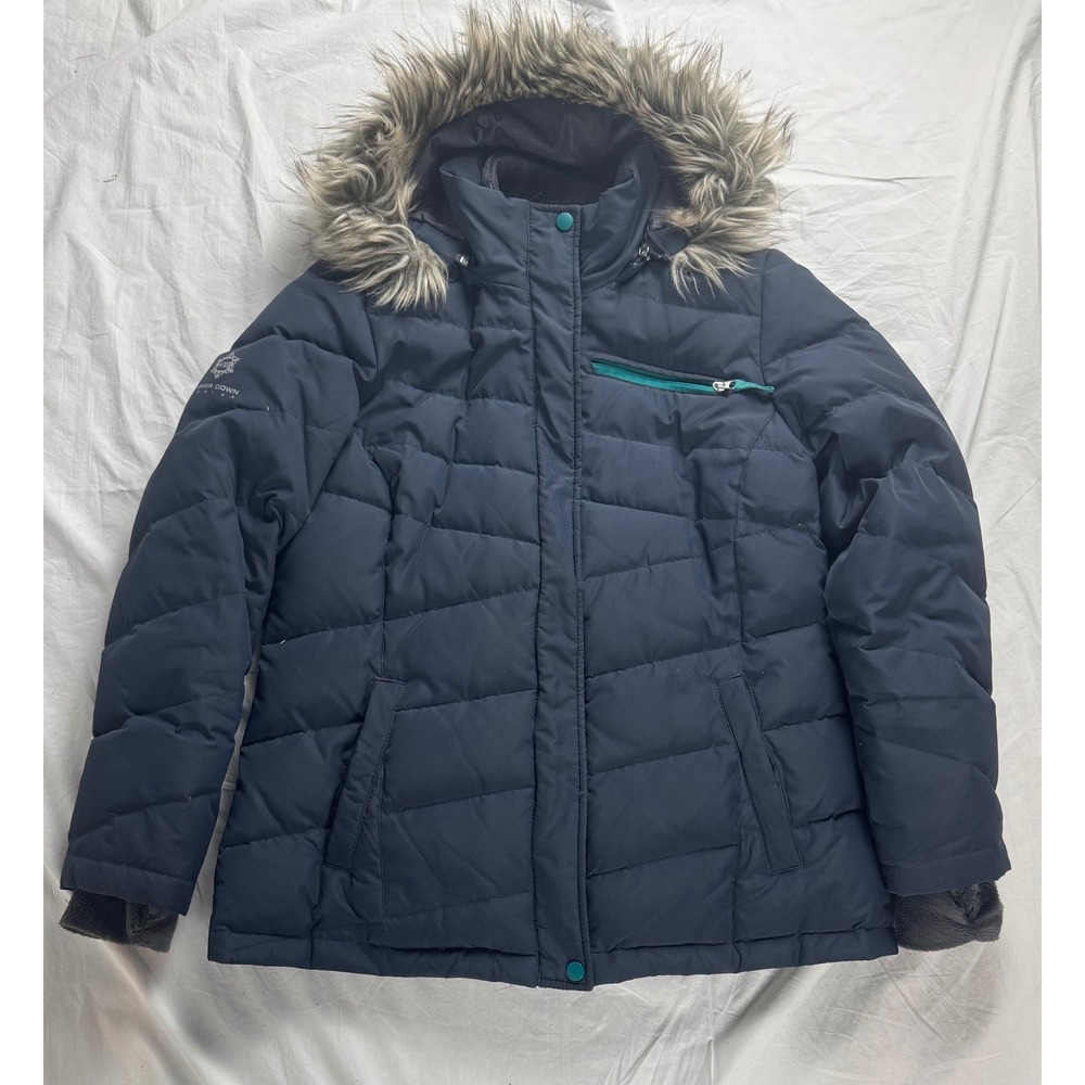 Free country Womens Power Down Series Hooded down‎ Jacket Faux Fur Trim Sz L